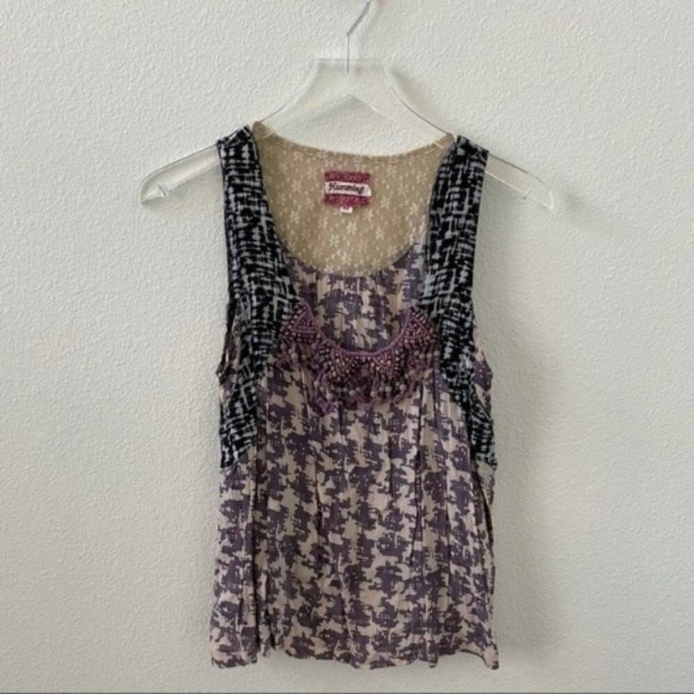 Humming Printed Beaded Lace Tank